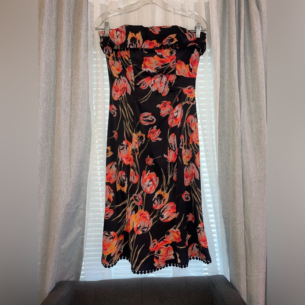 Karen Millen black coral tulip floral midi Chelsy bandeau fishtail dress size 8